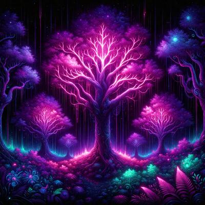 The primary subject of the image is a purple tree with a glowing purple trunk, surrounded by other purple trees. The setting is a forest with a purple sky, creating a unique and vibrant atmosphere. The visual style is a digital art or illustration, with the purple hues and glowing trunks giving the scene a surreal and dreamy quality.